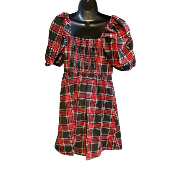 NEW Copper Key Plaid Dress Puff Sleeve Square Neck Milkmaid Smock Back Red Sz M - Picture 2 of 7